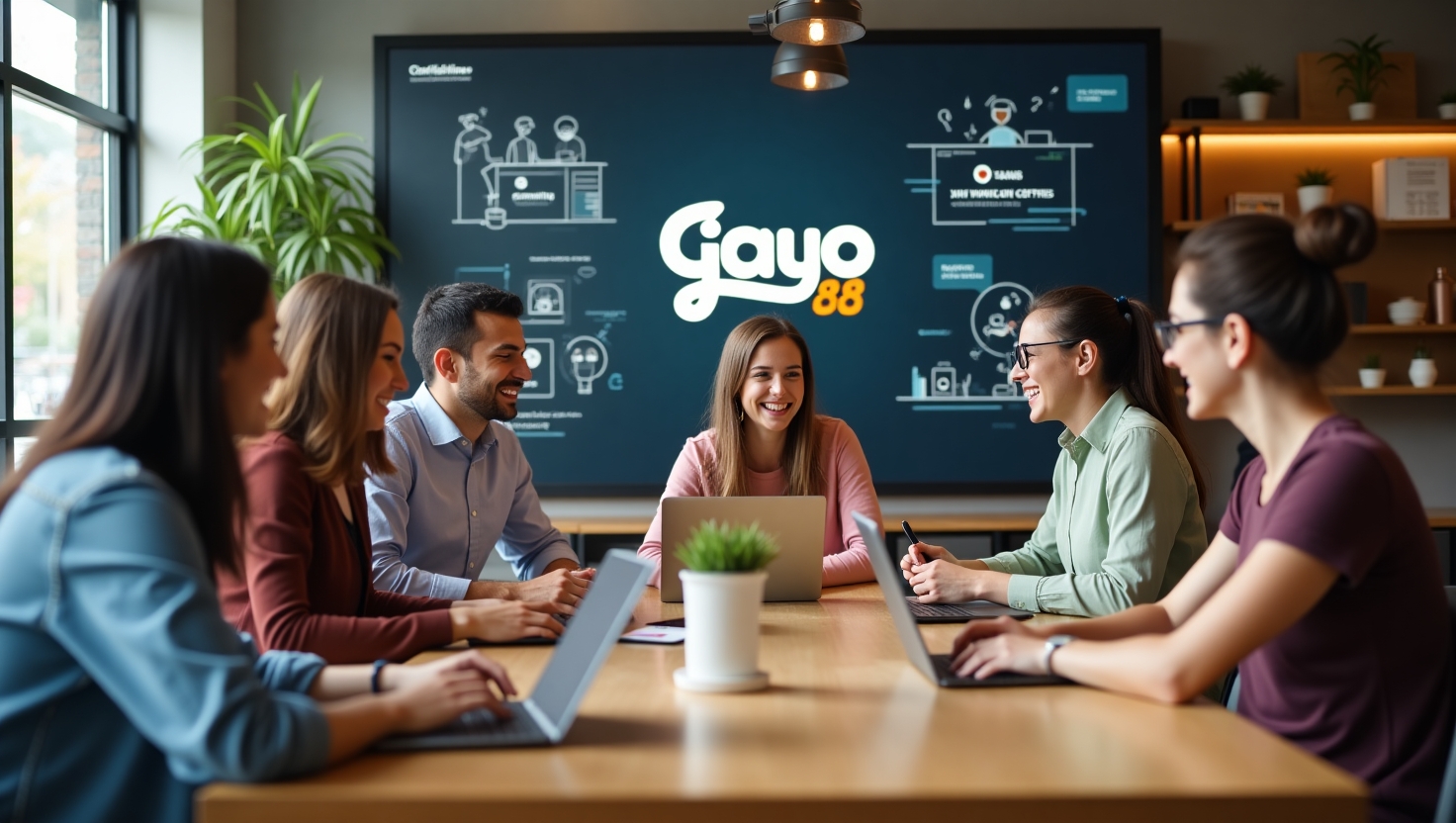 Komunitas digital Gayo88 – sekelompok anak muda sedang berdiskusi dan berkreasi di ruang kreatif modern, dengan gadget dan layar interaktif.