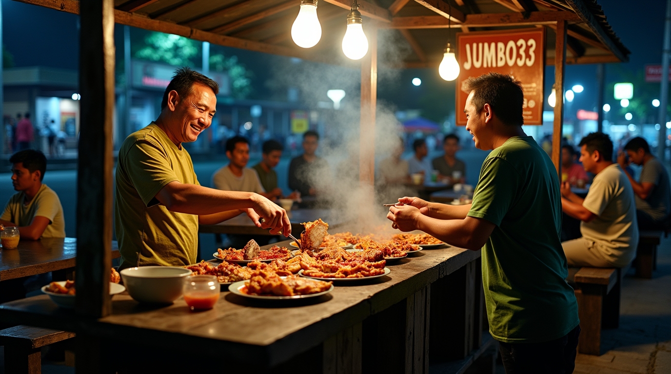 Pak Agus sedang menggoreng gorengan jumbo di gerobak sederhana di Pekalongan, dikelilingi pembeli yang antre dengan suasana hangat dan penuh keakraban.
