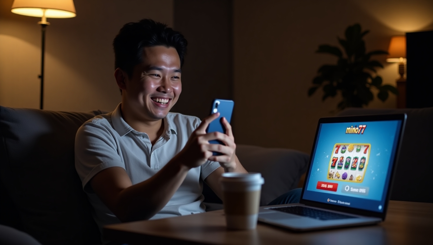 Pria muda Indonesia sedang bermain Cuan Bareng Mino77 dengan gembira di rumah menggunakan smartphone.